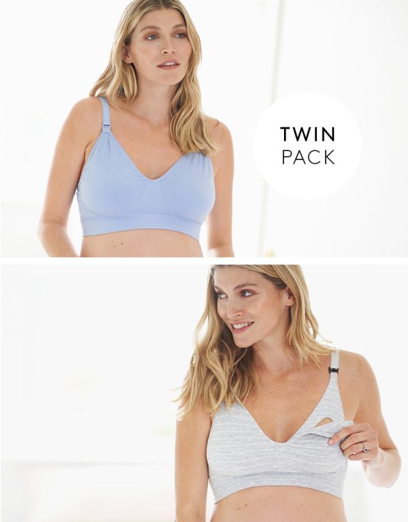 Image for Two Pack Essential Cotton Maternity & Nursing Bras in Grey Stripe and Blue