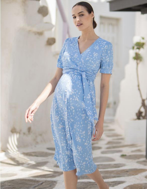 Image for Blue Floral Maternity & Nursing Midi Dress