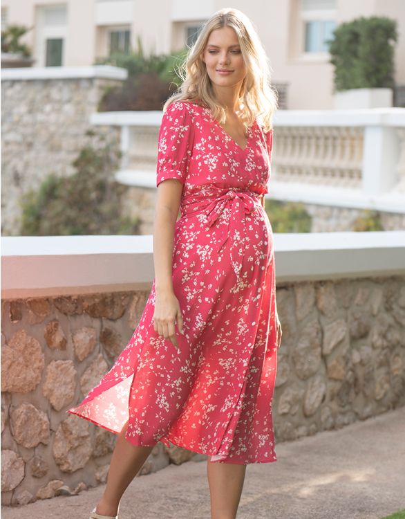 Image for Pink Floral Maternity & Nursing Midi Dress
