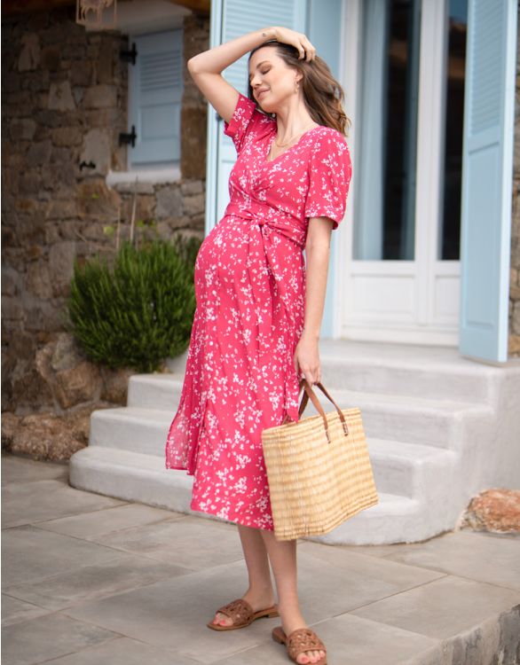 Image for Raspberry Floral Maternity & Nursing Midi Dress