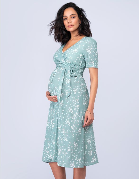Image pour Robe maternité et allaitement imprimés fleurs – Vert sauge 