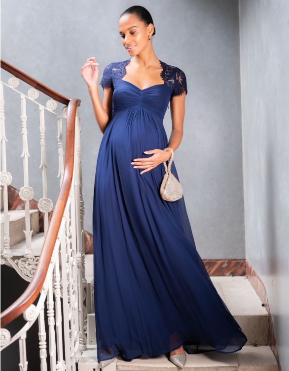 afbeelding voor Marineblauwe zijden en kanten zwangerschapsavondjurk