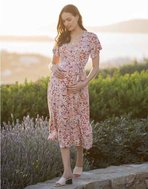 Image pour Robe grossesse cache-cœur à motif floral rétro