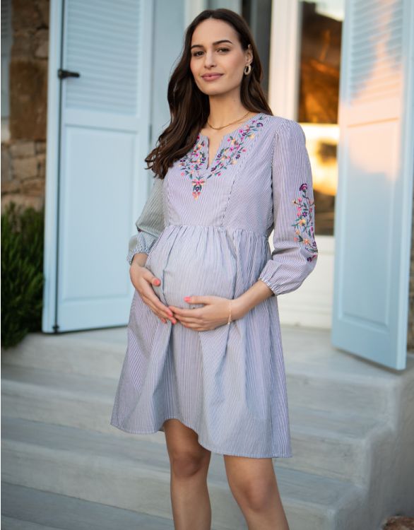 Image for Embroidered Cotton Maternity & Nursing Dress