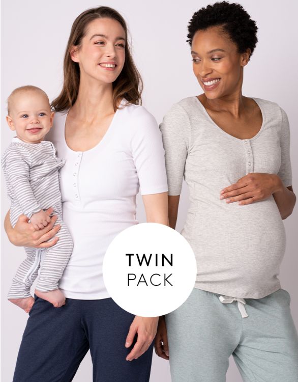 Image for Long Sleeve Maternity to Nursing Tops – Twin Pack, White & Grey