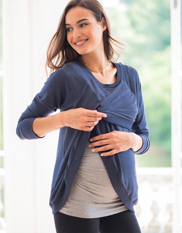Blue Cotton Blend Maternity & Nursing Sweatshirt