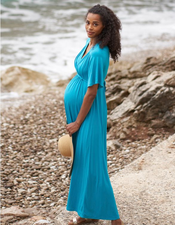 Image pour Robe longue grossesse à allaitement en jersey bleu turquoise