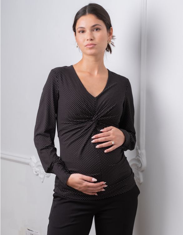 afbeelding voor Zwarte twisttop met polkadot voor zwangerschap