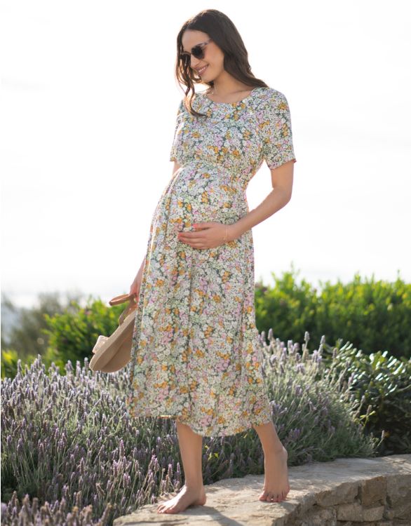 Image pour Robe mi-longue grossesse et allaitement à fleurs vertes