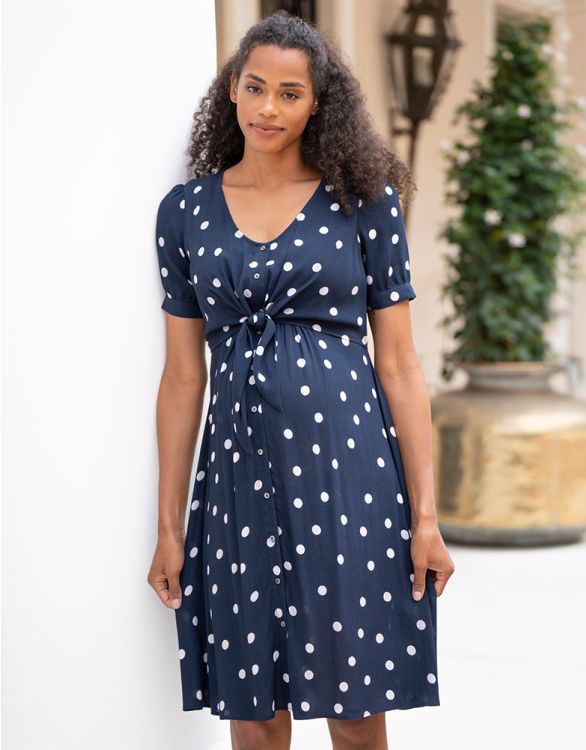 Image for Navy & White Spot Print Tie Front Maternity to Nursing Dress