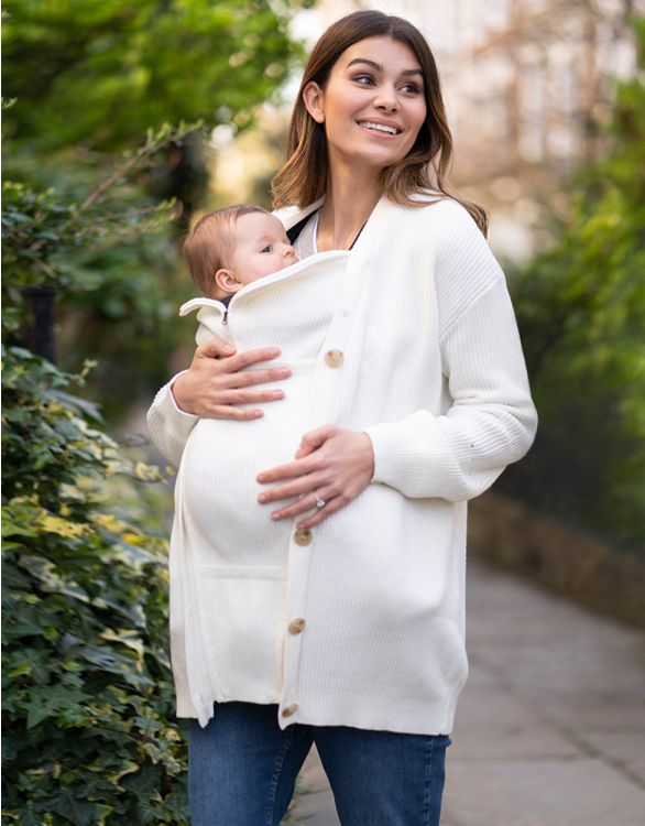 Bild für Cremefarbene Strickjacke aus Rippstrick für Umstands- und Babytrage