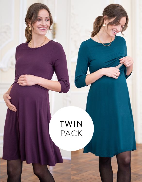 Image for Maternity & Nursing Dresses – Plum & Emerald Twin Pack