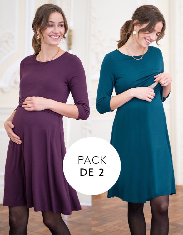 Imagen de Vestidos Lactancia y Premamá Pack de 2 - Burdeos y Verde Esmeralda