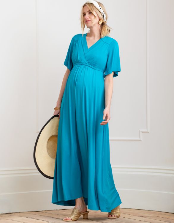 afbeelding voor Turkooisblauwe jersey zwangerschaps- tot voedingsmaxi-jurk