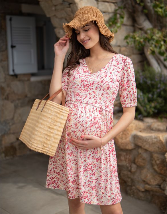 Imagen de Vestido estilo camiseta de maternidad a lactancia con estampado floral y cuello en V