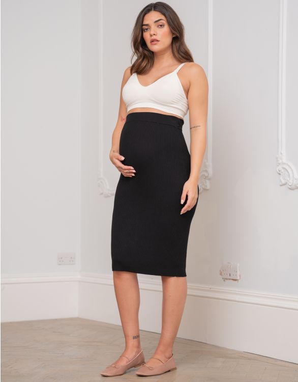 Image pour Jupe de maternité noire en tricot côtelé style crayon