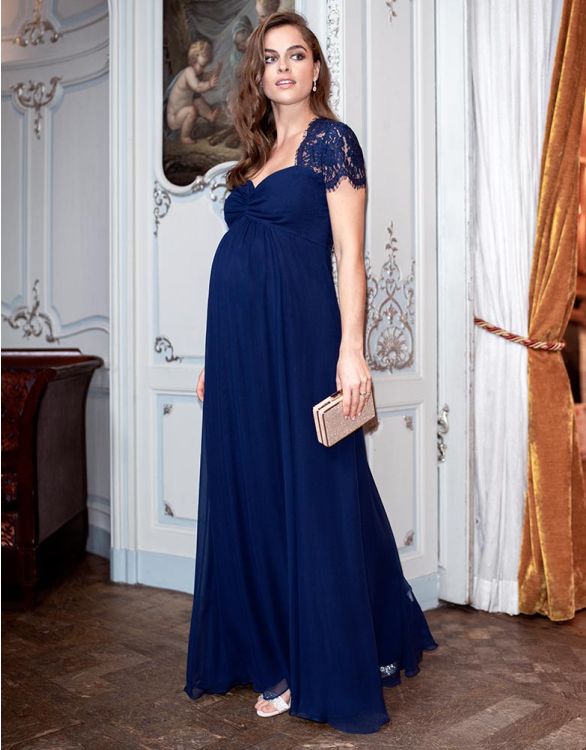 Image pour Robe de soirée maternité soie et dentelle - Bleu marine