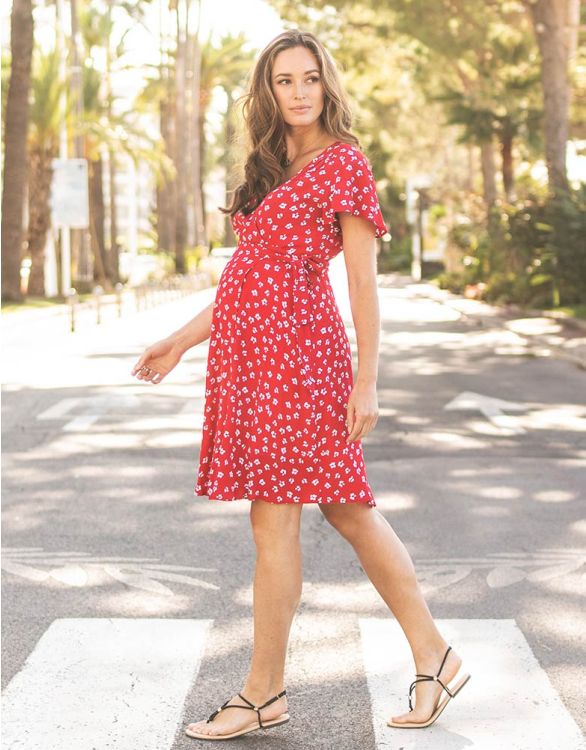 Image for Red Floral Wrap Maternity Dress