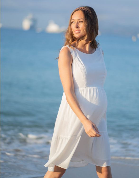 Image for White Lace Trim Maternity & Nursing Dress