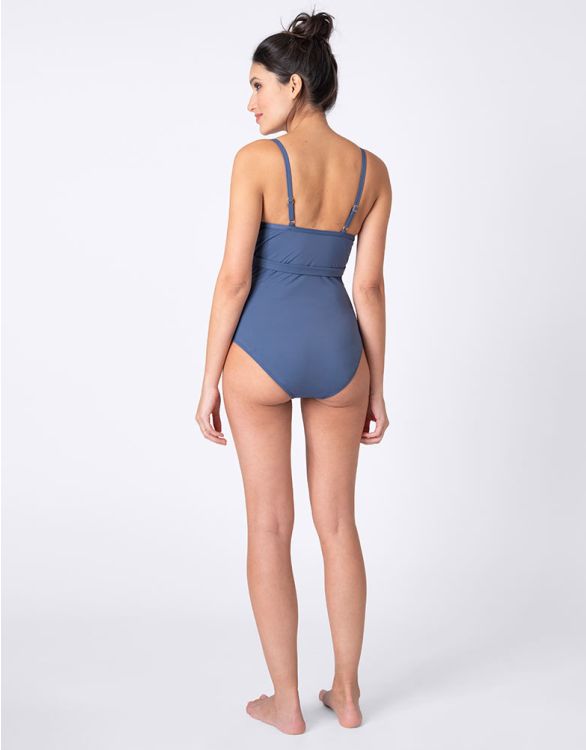 Blue Grey Ruffle Trim Ruched One-Piece Maternity Swimsuit