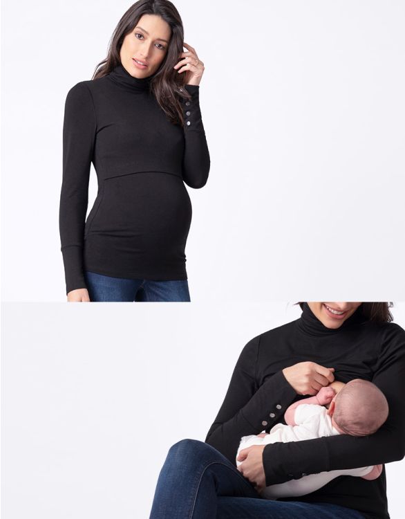 afbeelding voor Zwarte zwangerschaps- en borstvoedingstop met rolkraag