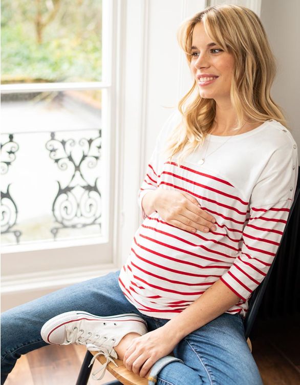 Image for Red & White Striped Cotton Maternity & Nursing Top