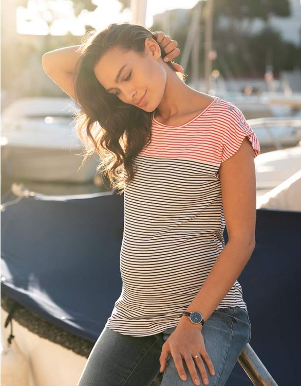 Image pour T-shirt grossesse et allaitement à rayures - Rouge/Bleu