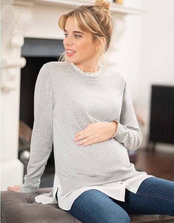 Image pour Pull grossesse et allaitement en mélange de coton avec col détachable – Gris