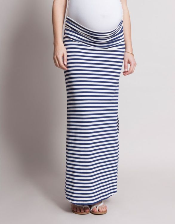 Long Maternity Maxi Skirt in White & Navy Stripes – Angel