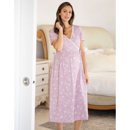 Lilac Floral Print Maternity to breastfeeding Wrap Nightdress with Lace Trim