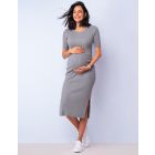 Grey Ribbed Knit Maternity & Nursing Midi Dress 