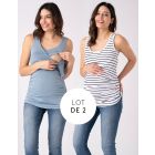 Two Pack Essential Maternity to breastfeeding Vest Tops in Blue & Stripe