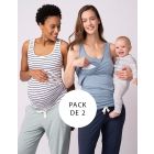 Two Pack Essential Maternity to breastfeeding Vest Tops in Blue & Stripe