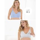 Two Pack Essential Cotton Maternity & Nursing Bras in Grey Stripe and Blue