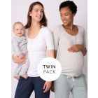 Long Sleeve Maternity to Nursing Tops – Twin Pack, White & Grey